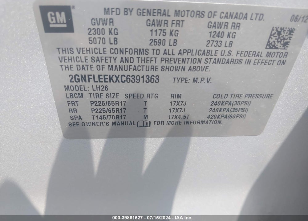 2012 CHEVROLET EQUINOX 1LT VIN: 2GNFLEEKXC6391363