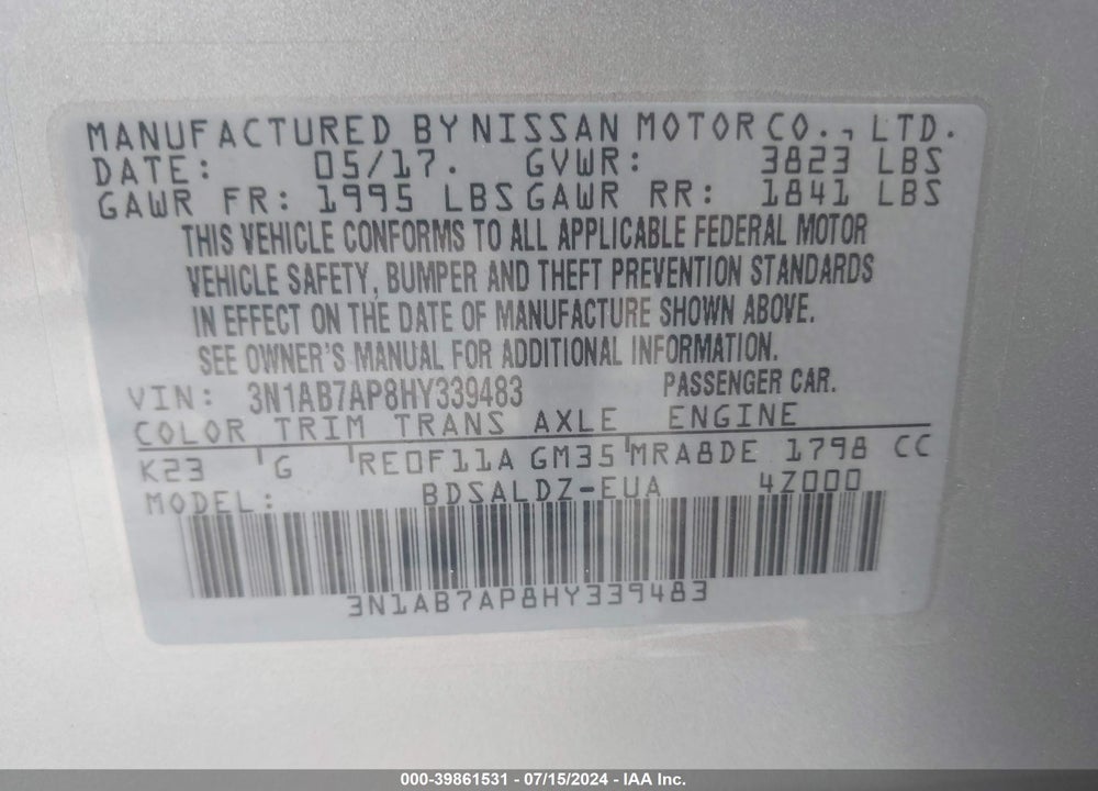 2017 NISSAN SENTRA SV VIN: 3N1AB7AP8HY339483