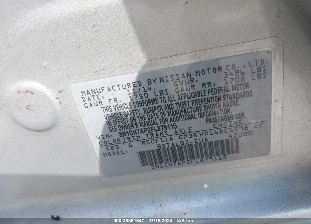 2015 NISSAN VERSA 1.6 SV VIN: 3N1CN7AP2FL879115