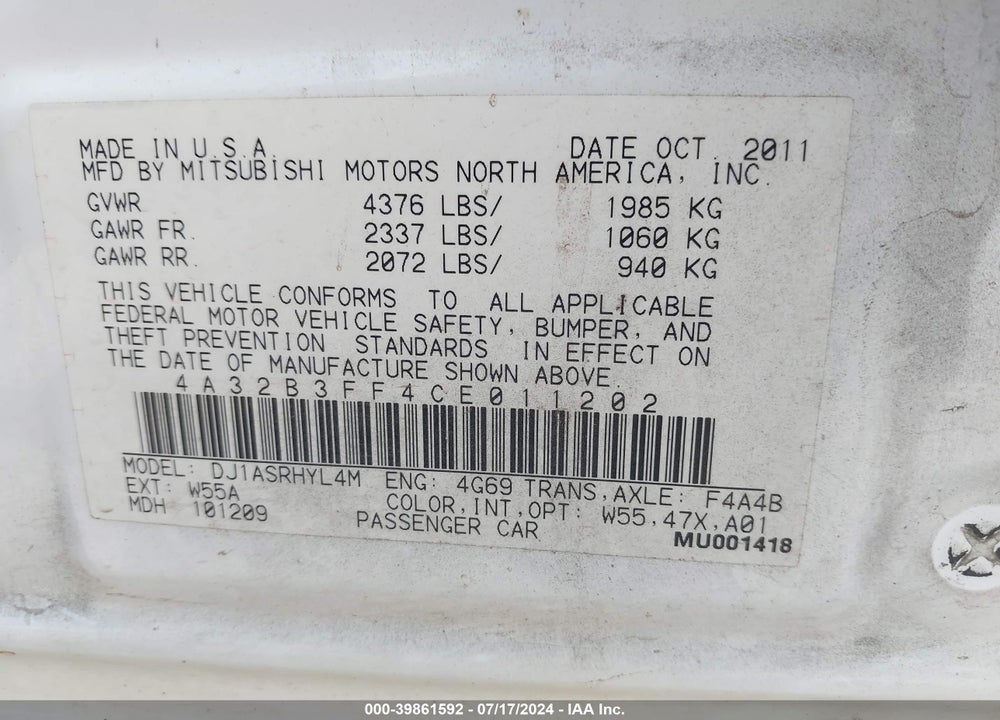 2012 MITSUBISHI GALANT ES/SE VIN: 4A32B3FF4CE011202