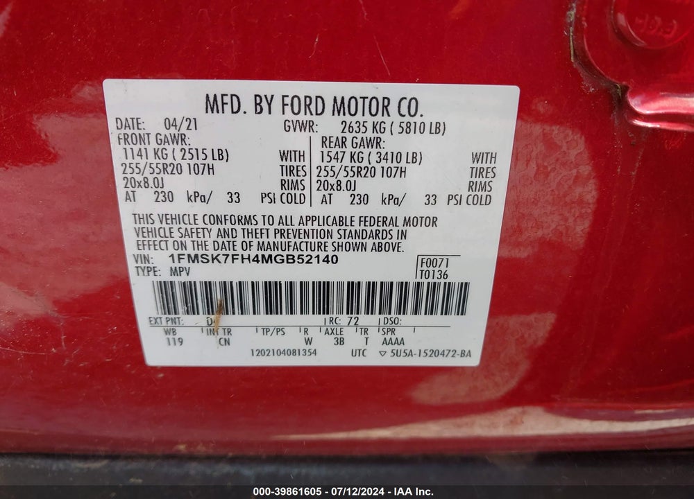 2021 FORD EXPLORER LIMITED VIN: 1FMSK7FH4MGB52140