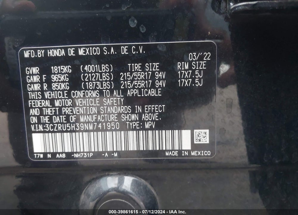 2022 HONDA HR-V 2WD LX VIN: 3CZRU5H39NM741950