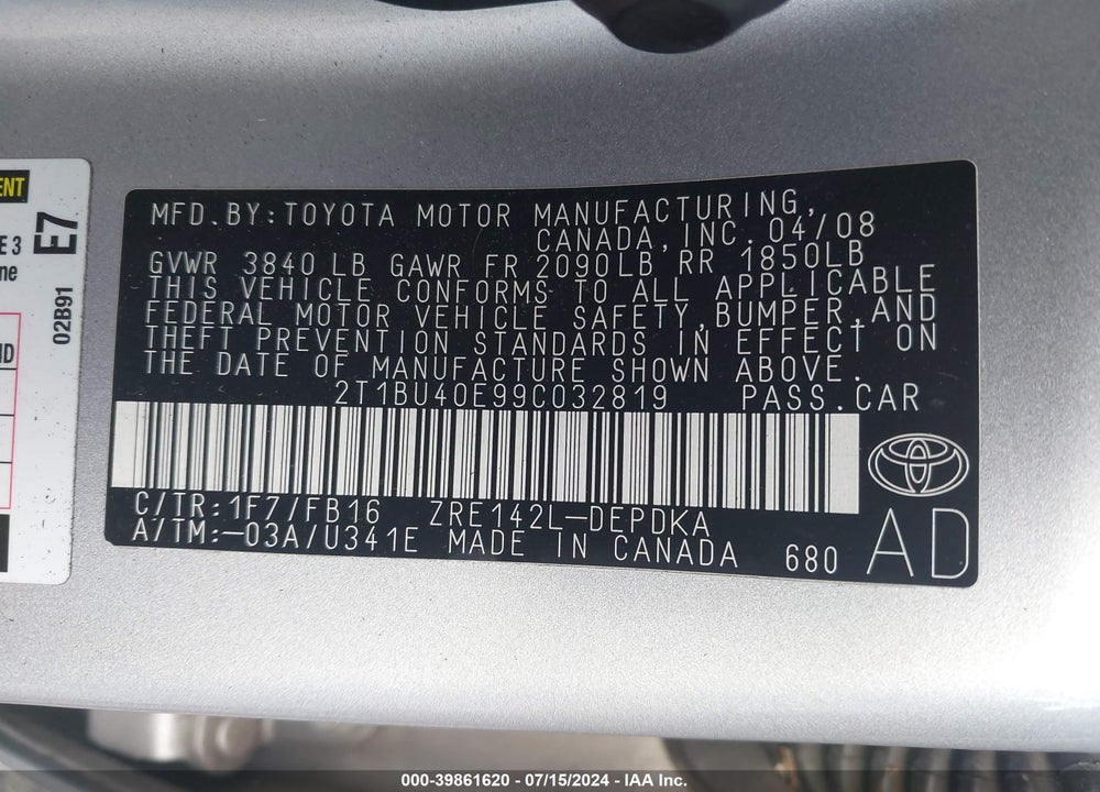 2009 TOYOTA COROLLA LE VIN: 2T1BU40E99C032819