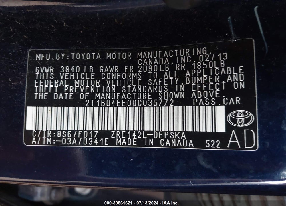2013 TOYOTA COROLLA S VIN: 2T1BU4EE0DC035772