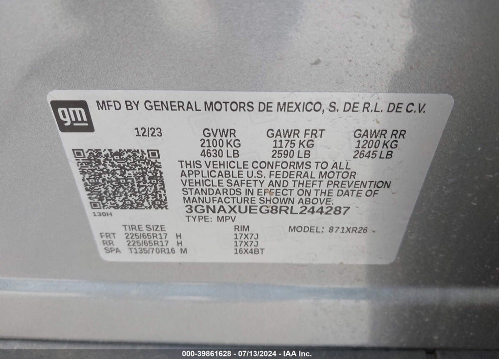 2024 CHEVROLET EQUINOX AWD LT VIN: 3GNAXUEG8RL244287