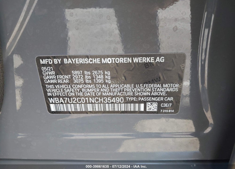 2022 BMW 750 I XDRIVE VIN: WBA7U2C01NCH35490