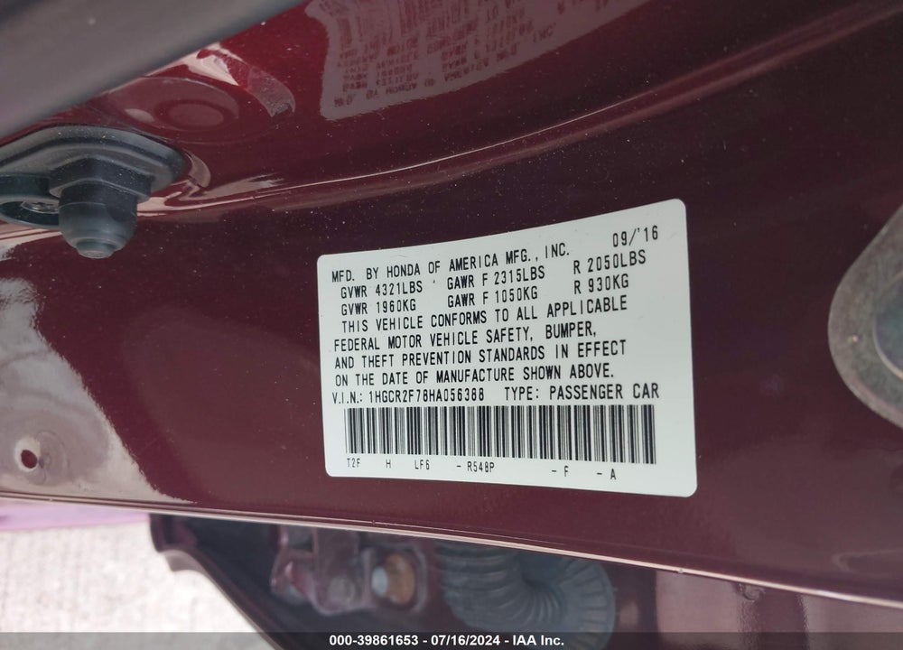 2017 HONDA ACCORD EX VIN: 1HGCR2F78HA056388