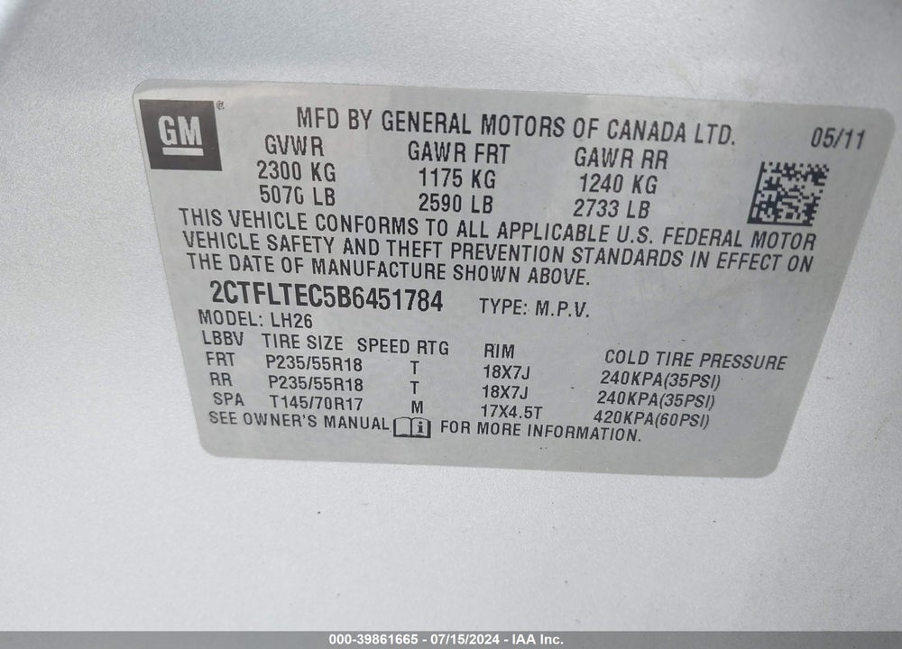 2011 GMC TERRAIN SLE-2 VIN: 2CTFLTEC5B6451784