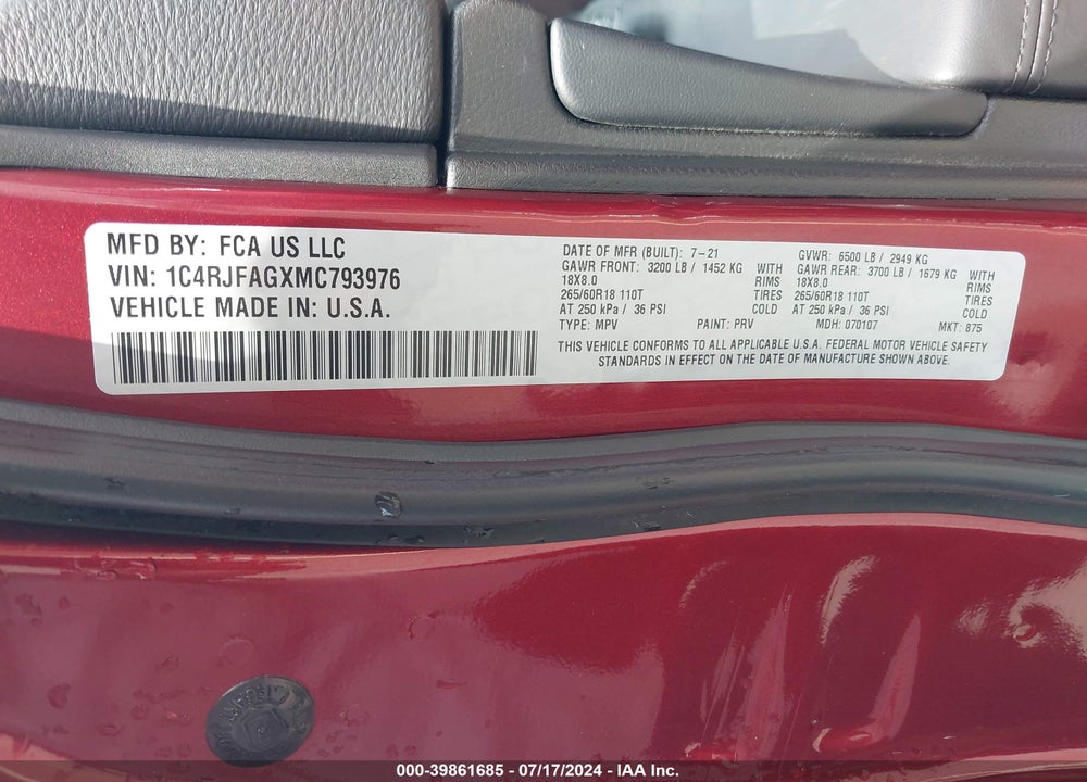 2021 JEEP GRAND CHEROKEE LAREDO X 4X4 VIN: 1C4RJFAGXMC793976