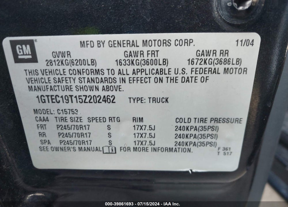 2005 GMC SIERRA 1500 SLE VIN: 1GTEC19T15Z202462