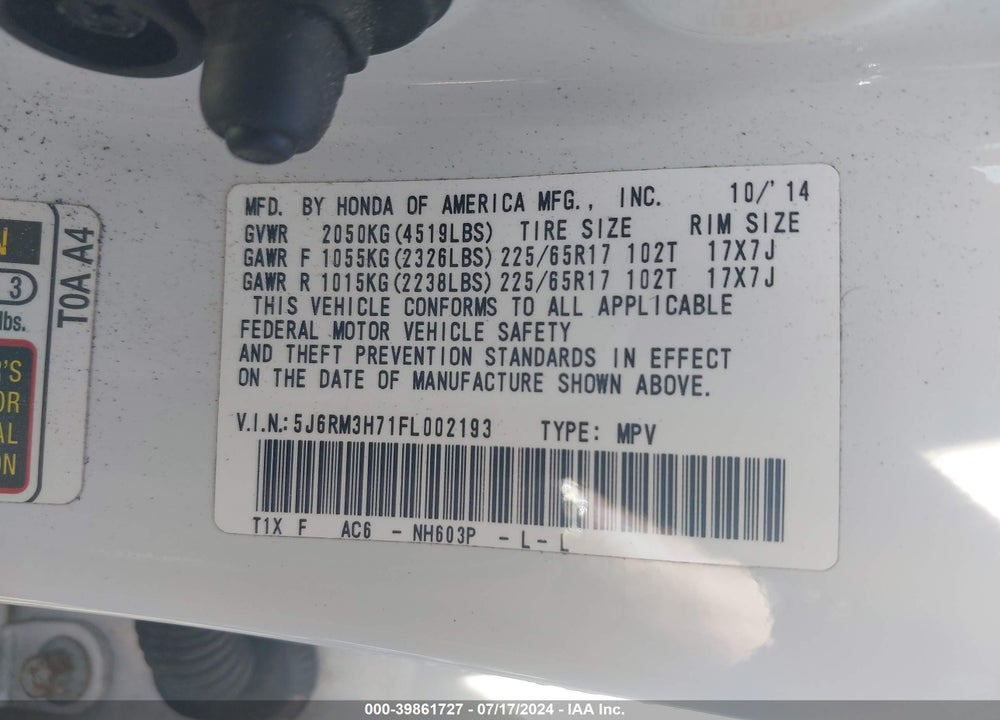 2015 HONDA CR-V EX-L VIN: 5J6RM3H71FL002193