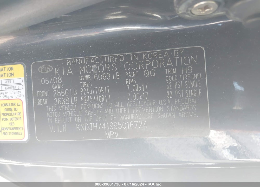 2009 KIA BORREGO LX V6 VIN: KNDJH741995016724