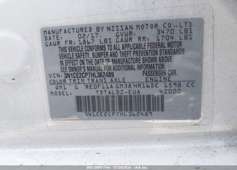 2017 NISSAN VERSA NOTE SV VIN: 3N1CE2CP7HL362489