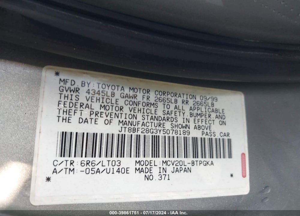 2000 LEXUS ES 300 VIN: JT8BF28G3Y5078189