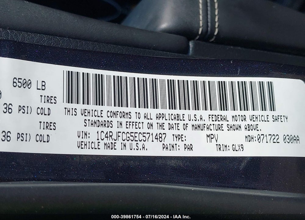 2014 JEEP GRAND CHEROKEE VIN: 1C4RJFCG5EC571487
