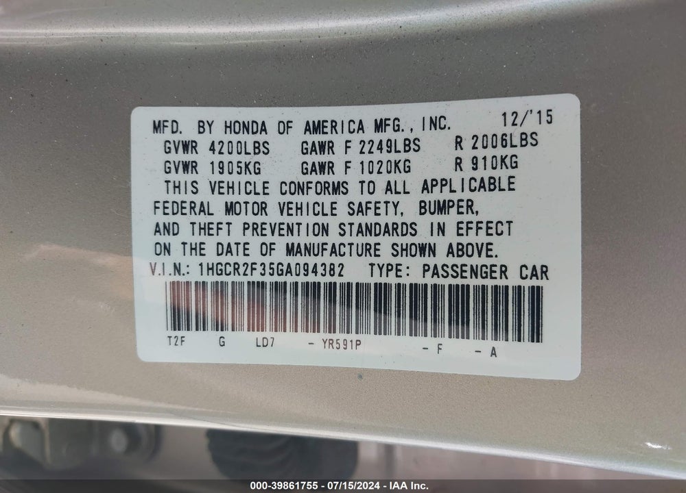 2016 HONDA ACCORD VIN: 1HGCR2F35GA094382