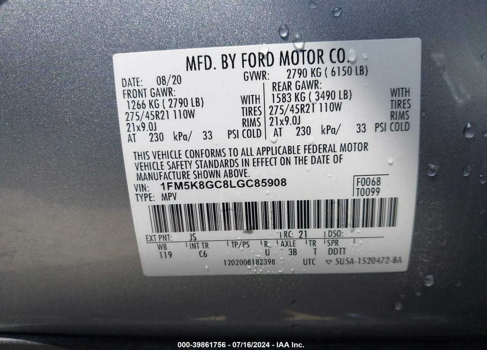 2020 FORD EXPLORER ST VIN: 1FM5K8GC8LGC85908