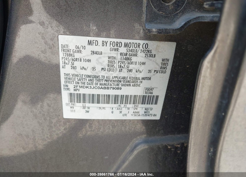 2010 FORD EDGE SEL VIN: 2FMDK3JC0ABB79089