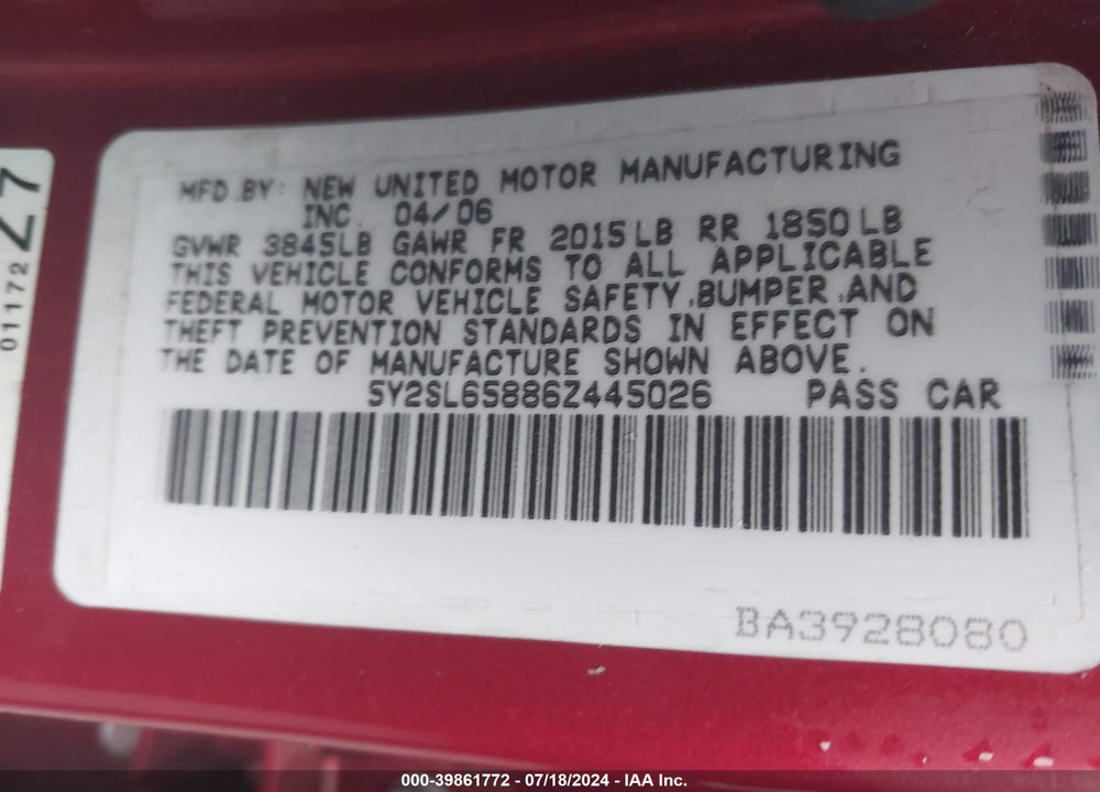2006 PONTIAC VIBE VIN: 5Y2SL65886Z445026