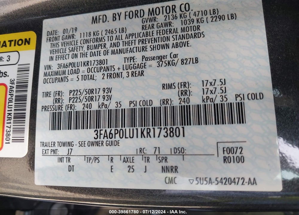 2019 FORD FUSION HYBRID SE VIN: 3FA6P0LU1KR173801
