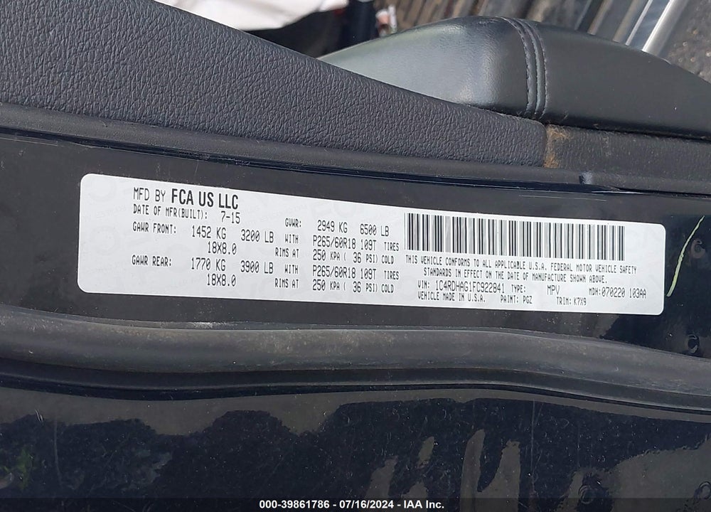 2015 DODGE DURANGO SXT VIN: 1C4RDHAG1FC922841