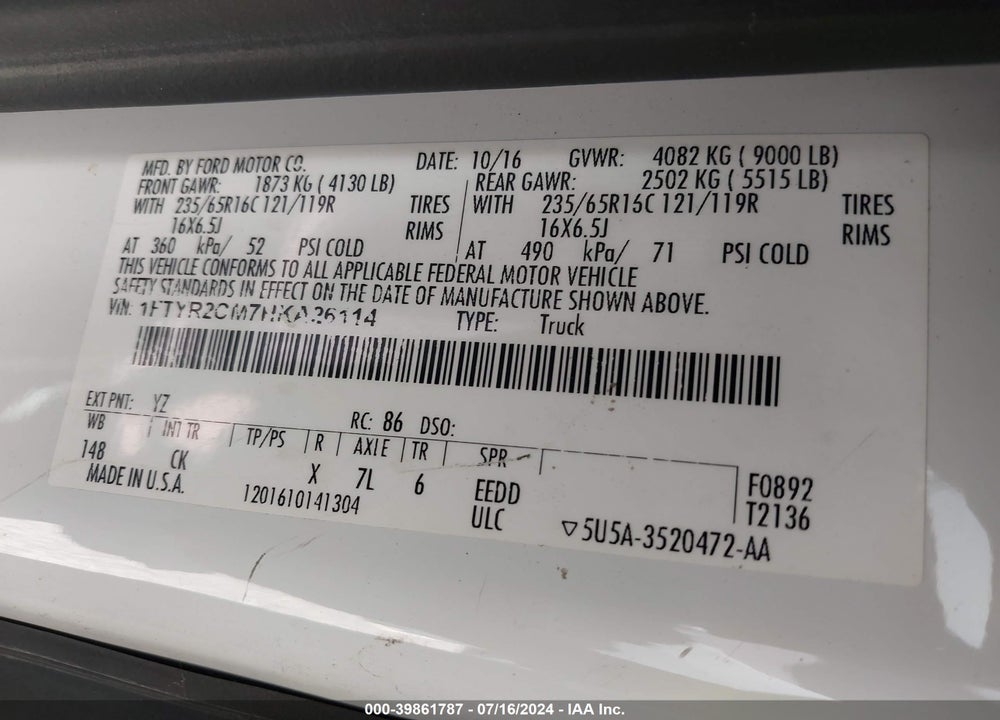 2017 FORD TRANSIT-250 VIN: 1FTYR2CM7HKA26114