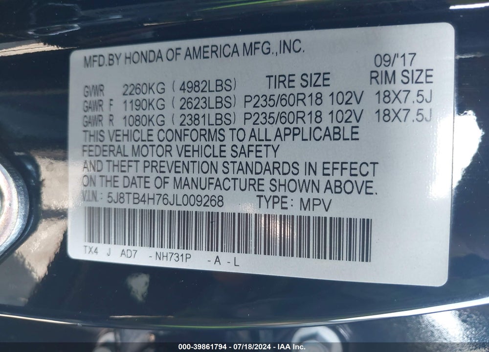 2018 ACURA RDX ADVANCE PACKAGE VIN: 5J8TB4H76JL009268