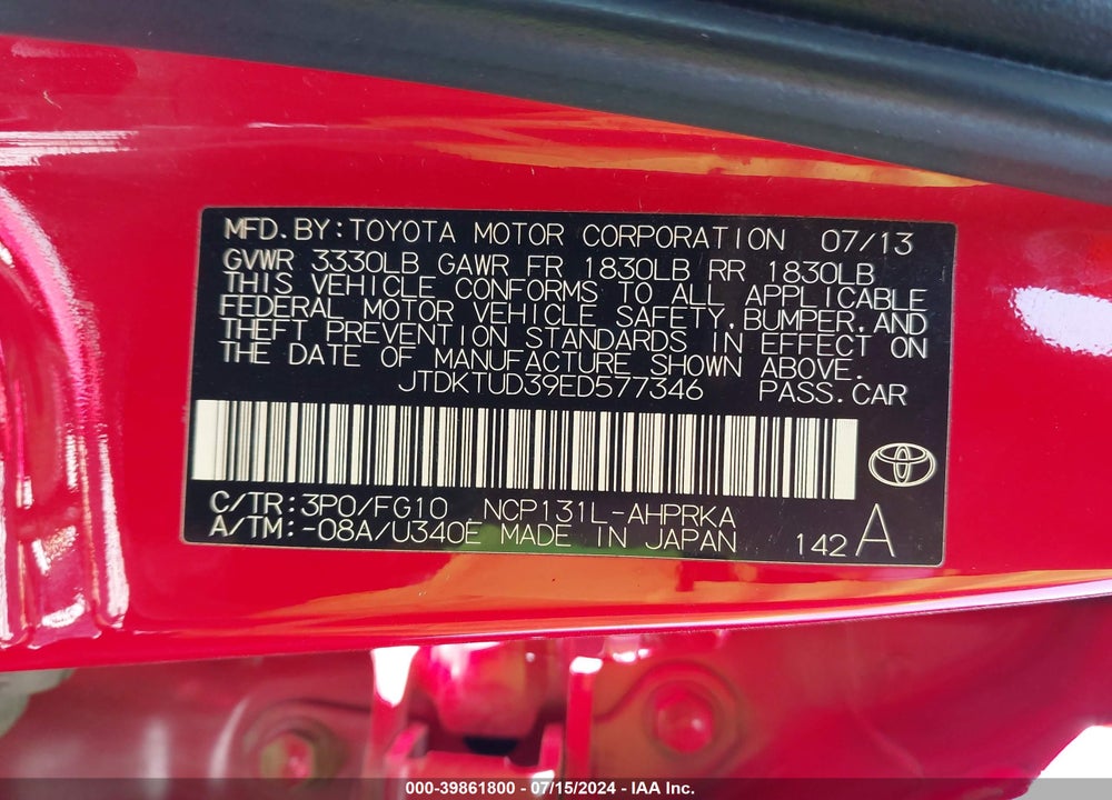 2014 TOYOTA YARIS LE (TMC/CBU PLANT) VIN: JTDKTUD39ED577346