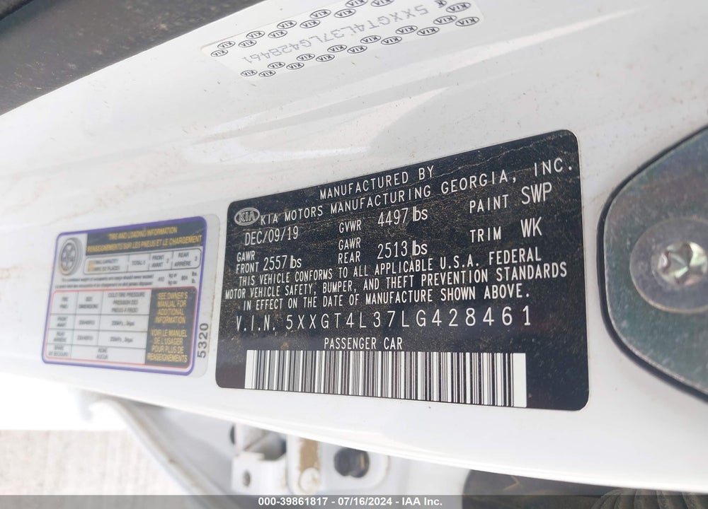 2020 KIA OPTIMA SE VIN: 5XXGT4L37LG428461