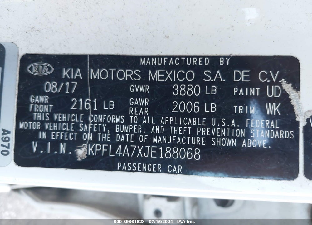 2018 KIA FORTE S VIN: 3KPFL4A7XJE188068