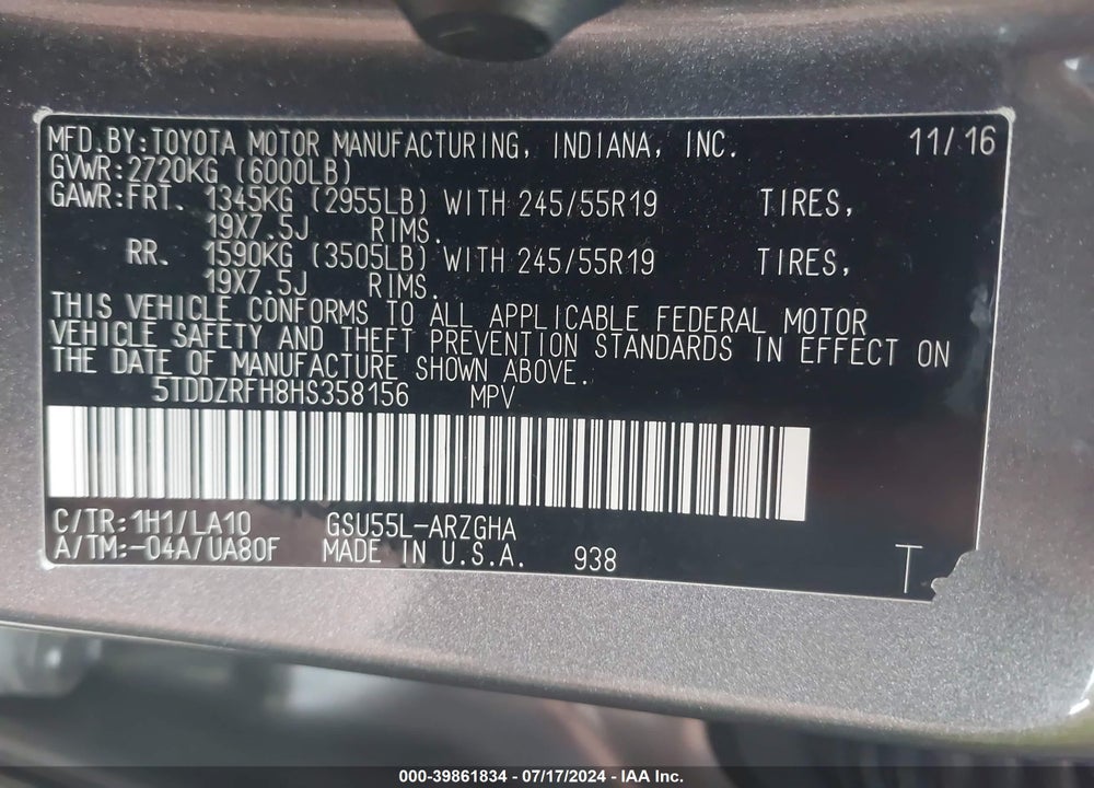 2017 TOYOTA HIGHLANDER LIMITED VIN: 5TDDZRFH8HS358156