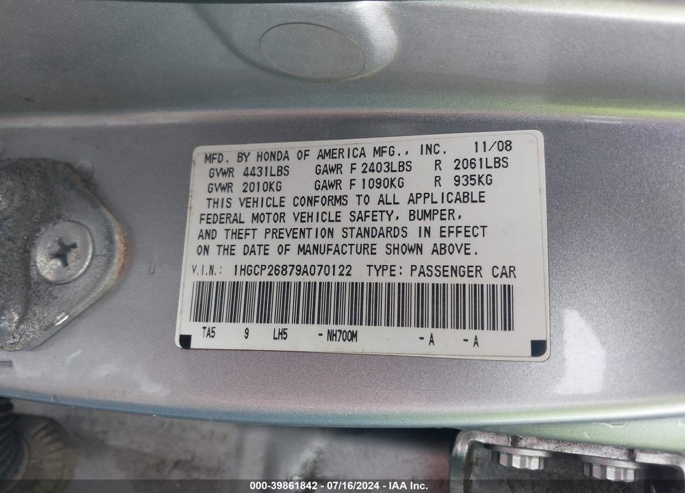 2009 HONDA ACCORD 2.4 EX-L VIN: 1HGCP26879A070122
