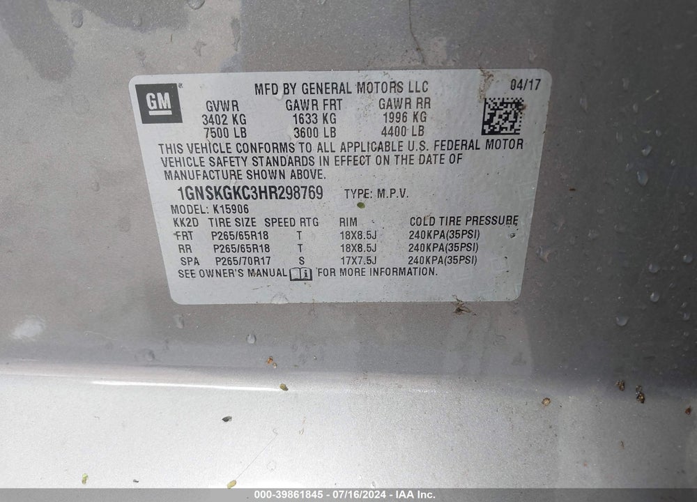 2017 CHEVROLET SUBURBAN LS VIN: 1GNSKGKC3HR298769