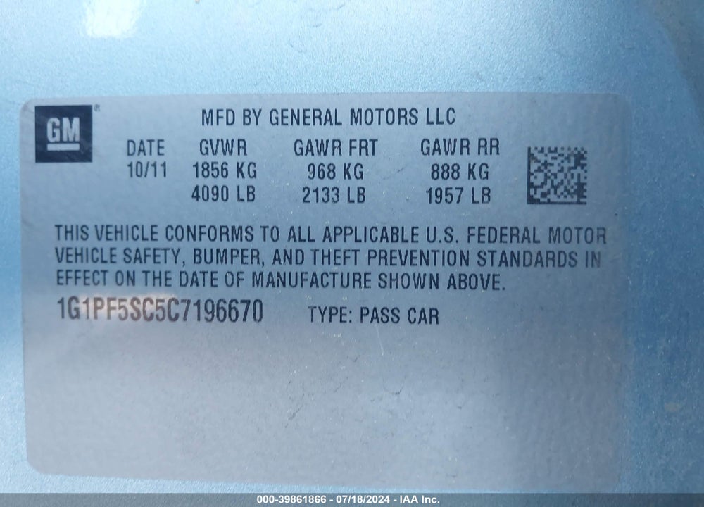 2012 CHEVROLET CRUZE 1LT VIN: 1G1PF5SC5C7196670