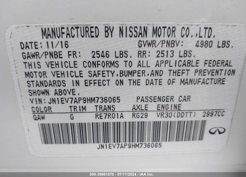 2017 INFINITI Q50 3.0T PREMIUM VIN: JN1EV7AP9HM736065