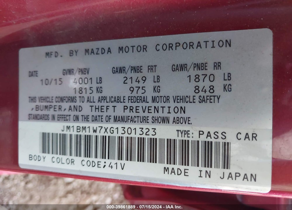2016 MAZDA 3 I TOURING VIN: JM1BM1W7XG1301323