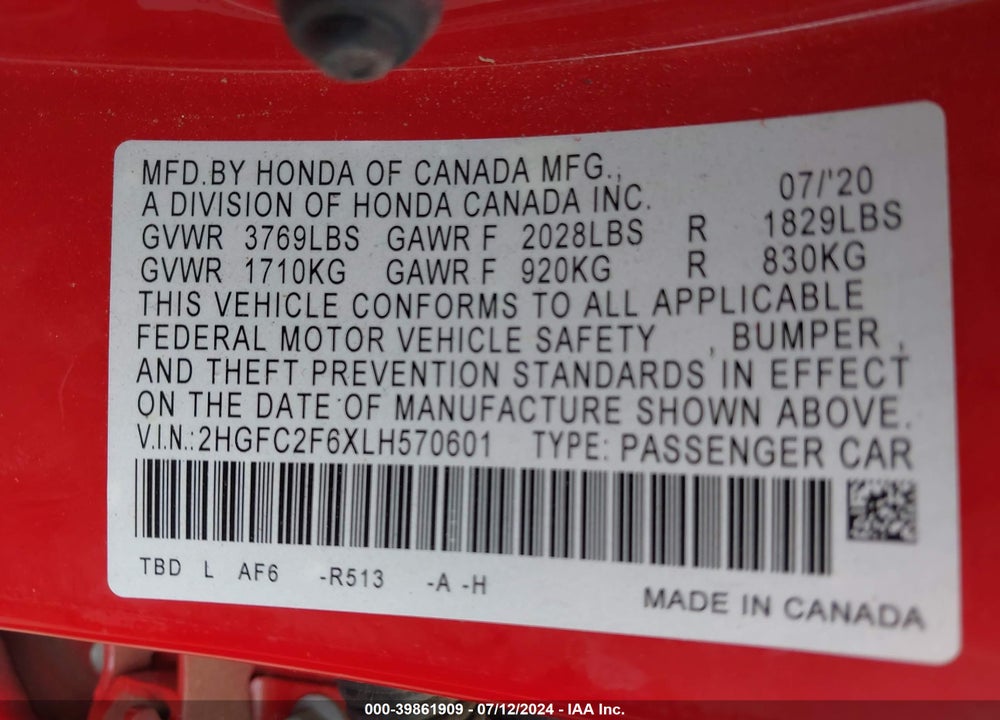 2020 HONDA CIVIC LX VIN: 2HGFC2F6XLH570601