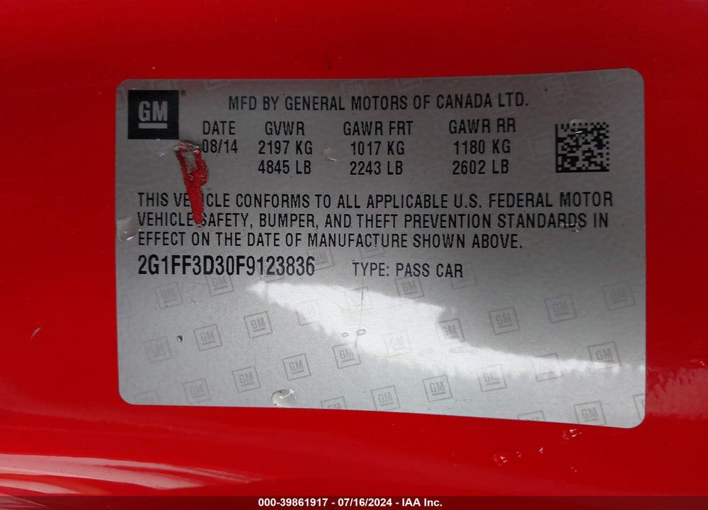2015 CHEVROLET CAMARO 2LT VIN: 2G1FF3D30F9123836