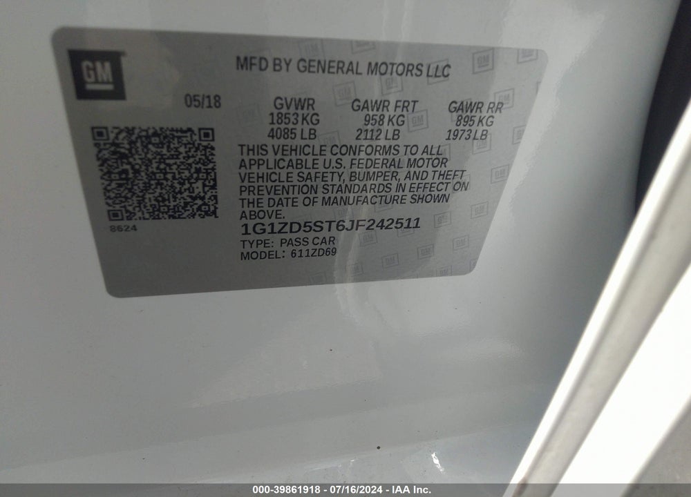 2018 CHEVROLET MALIBU LT VIN: 1G1ZD5ST6JF242511