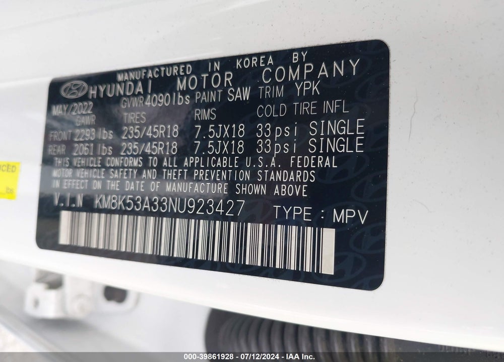 2022 HYUNDAI KONA LIMITED VIN: KM8K53A33NU923427