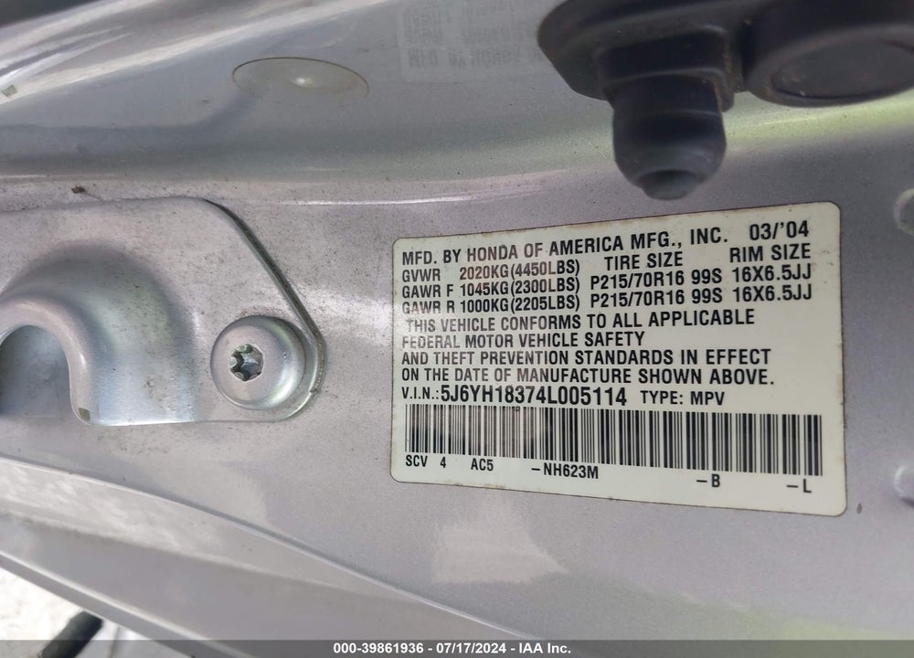 2004 HONDA ELEMENT LX VIN: 5J6YH18374L005114