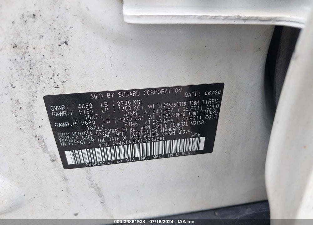 2020 SUBARU OUTBACK LIMITED VIN: 4S4BTANC6L3233565