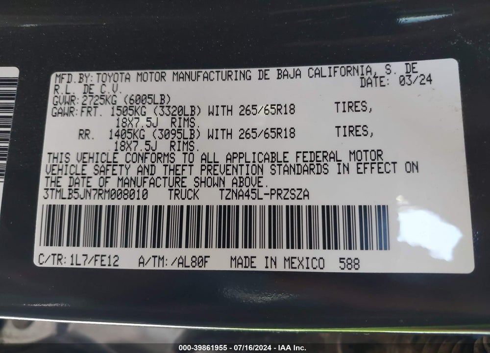 2024 TOYOTA TACOMA TRD SPORT VIN: 3TMLB5JN7RM008010
