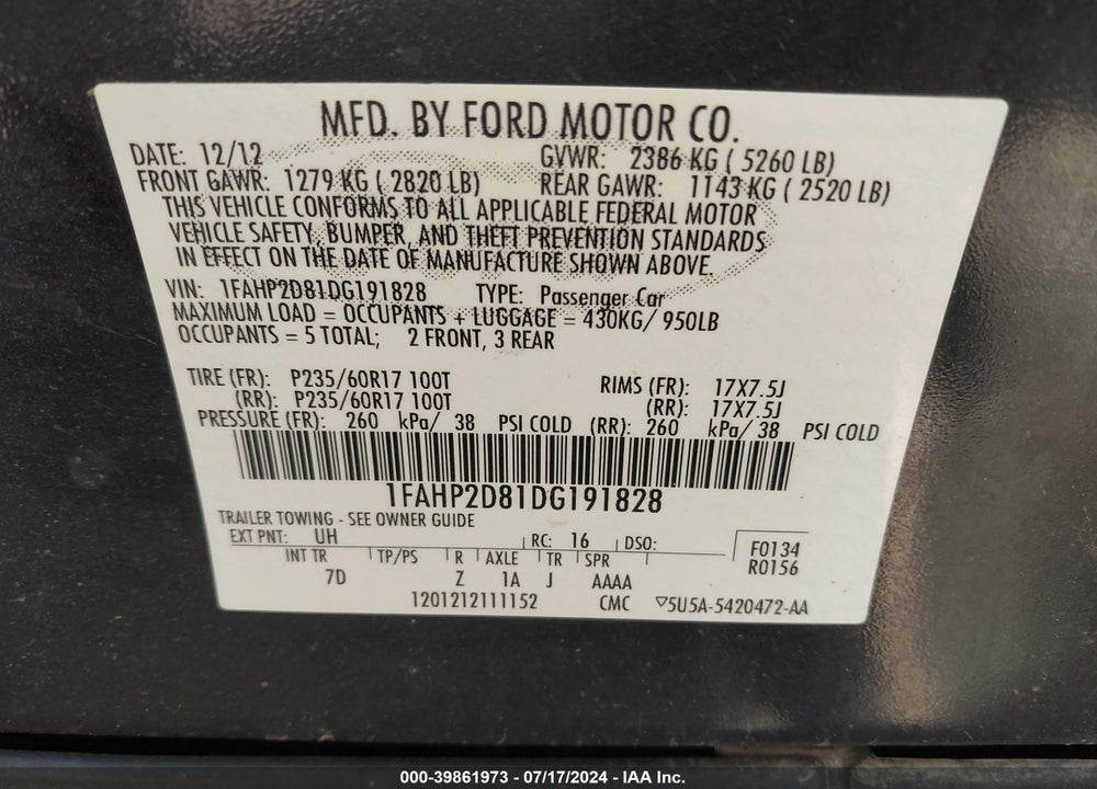 2013 FORD TAURUS SE VIN: 1FAHP2D81DG191828
