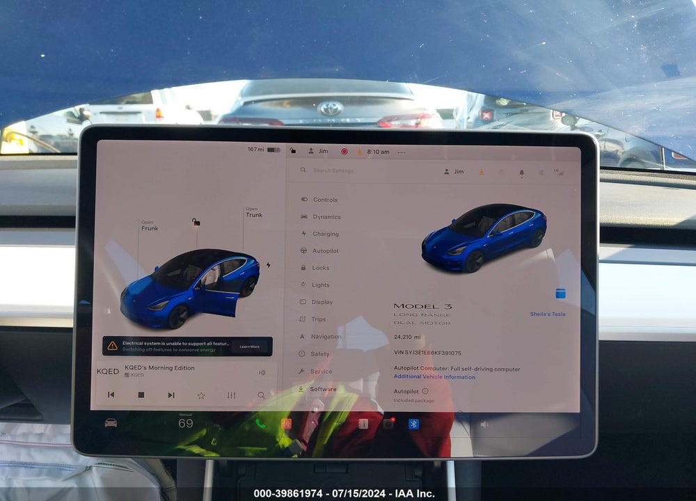 2019 TESLA MODEL 3 LONG RANGE/PERFORMANCE VIN: 5YJ3E1EB6KF391075