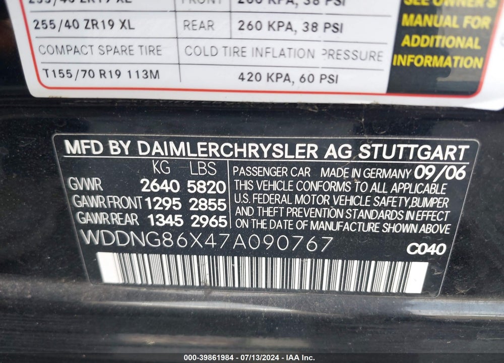 2007 MERCEDES-BENZ S 550 4MATIC VIN: WDDNG86X47A090767