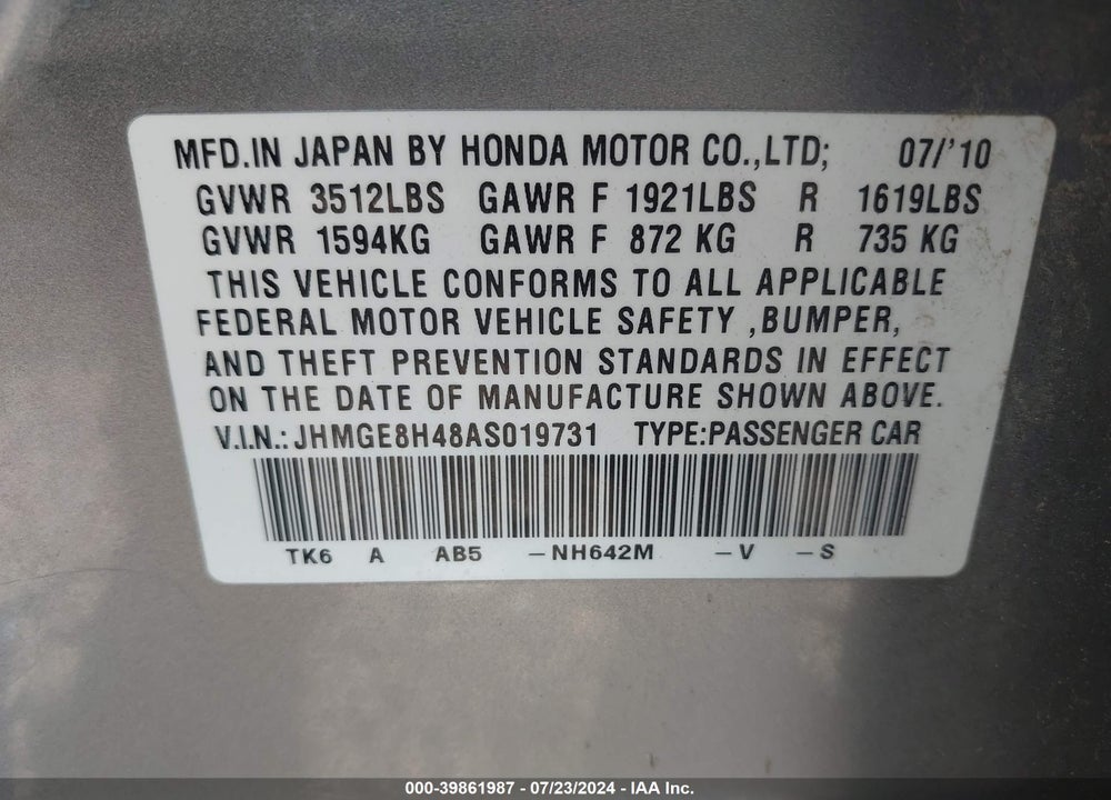 2010 HONDA FIT SPORT VIN: JHMGE8H48AS019731