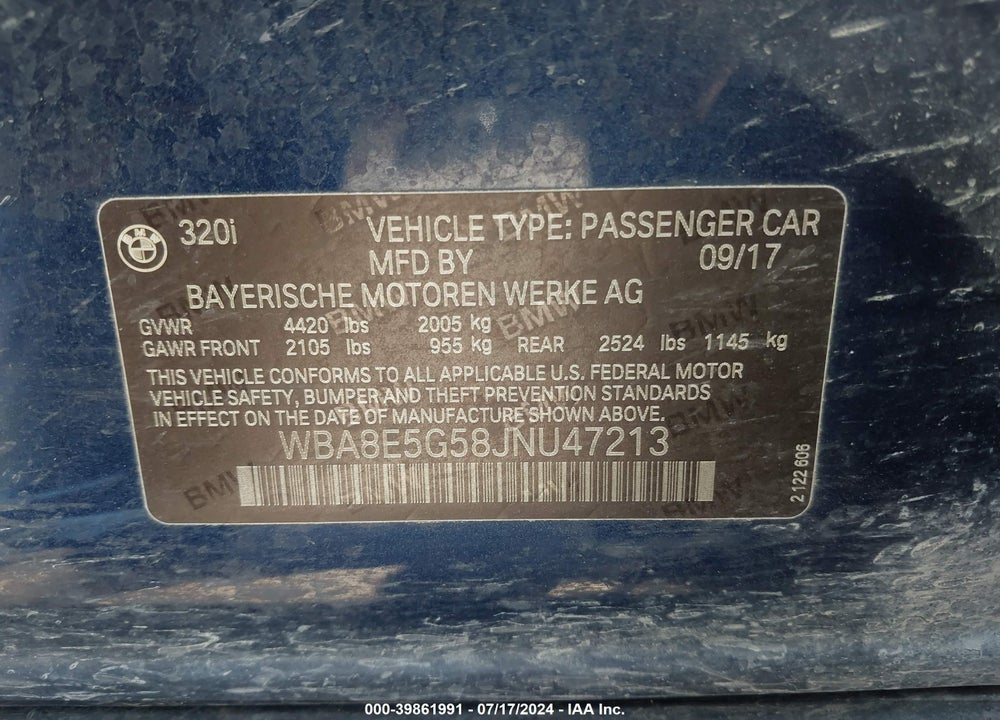 2018 BMW 320I XDRIVE VIN: WBA8E5G58JNU47213