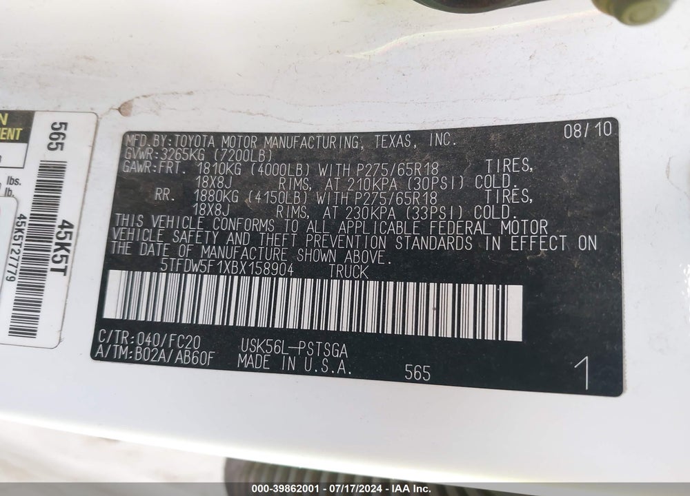 2011 TOYOTA TUNDRA GRADE 5.7L V8 VIN: 5TFDW5F1XBX158904
