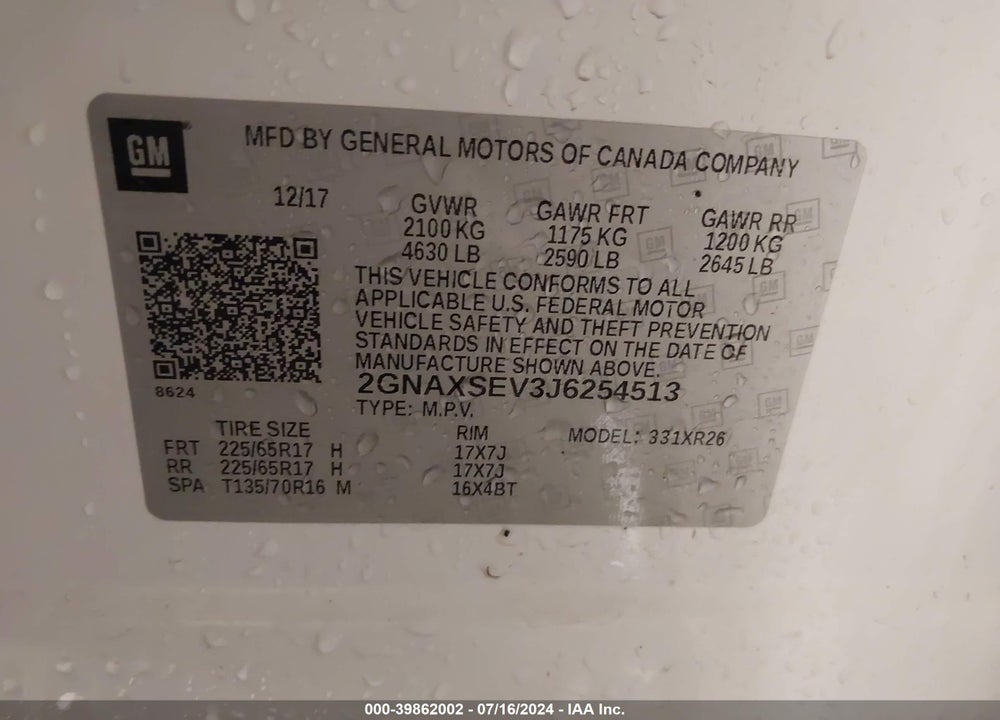2018 CHEVROLET EQUINOX LT VIN: 2GNAXSEV3J6254513
